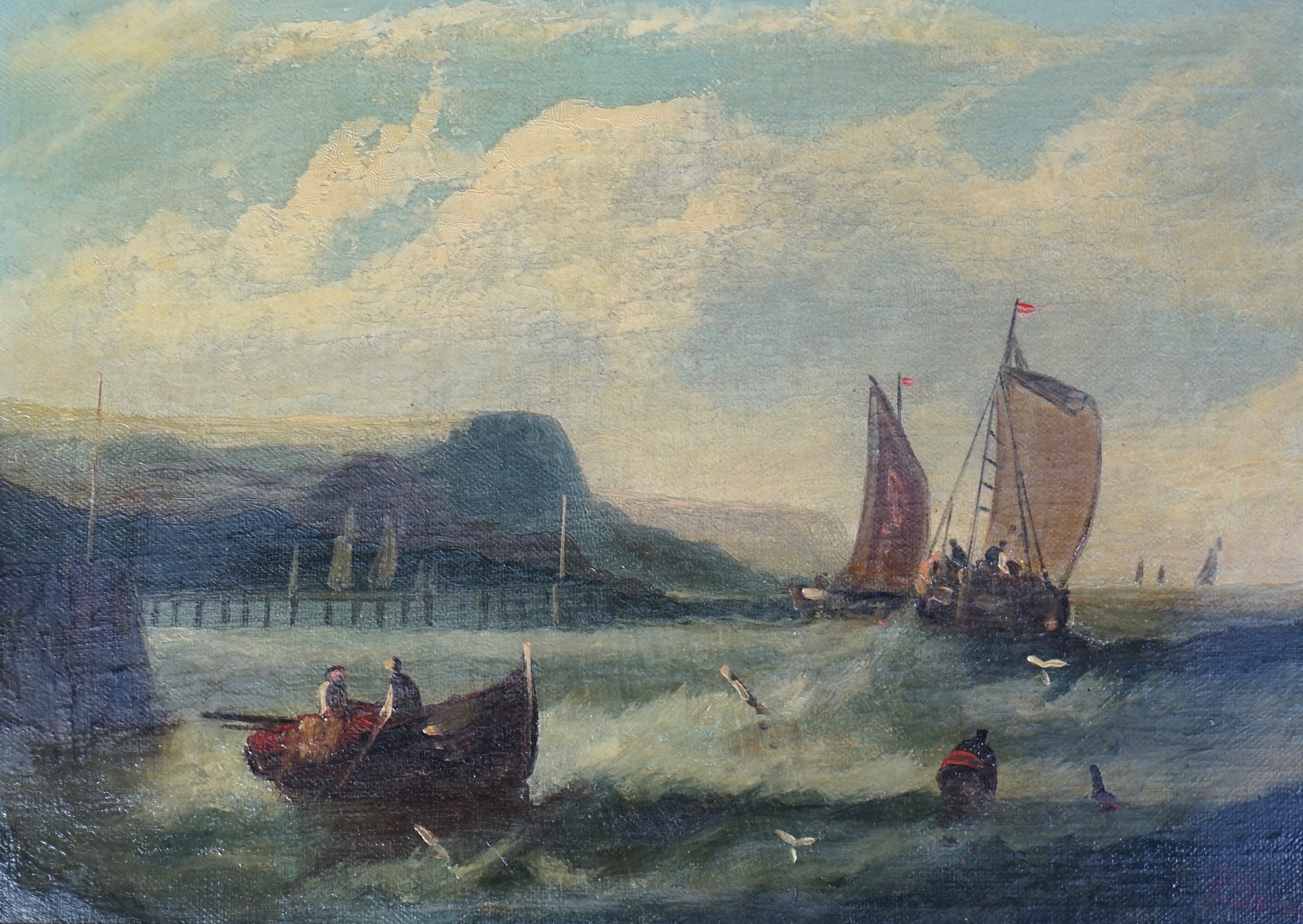 E. Byron, pair of oils on canvas, Fishing boats off the coast, 24 x 34cm. Condition - fair to good, would benefit from a clean